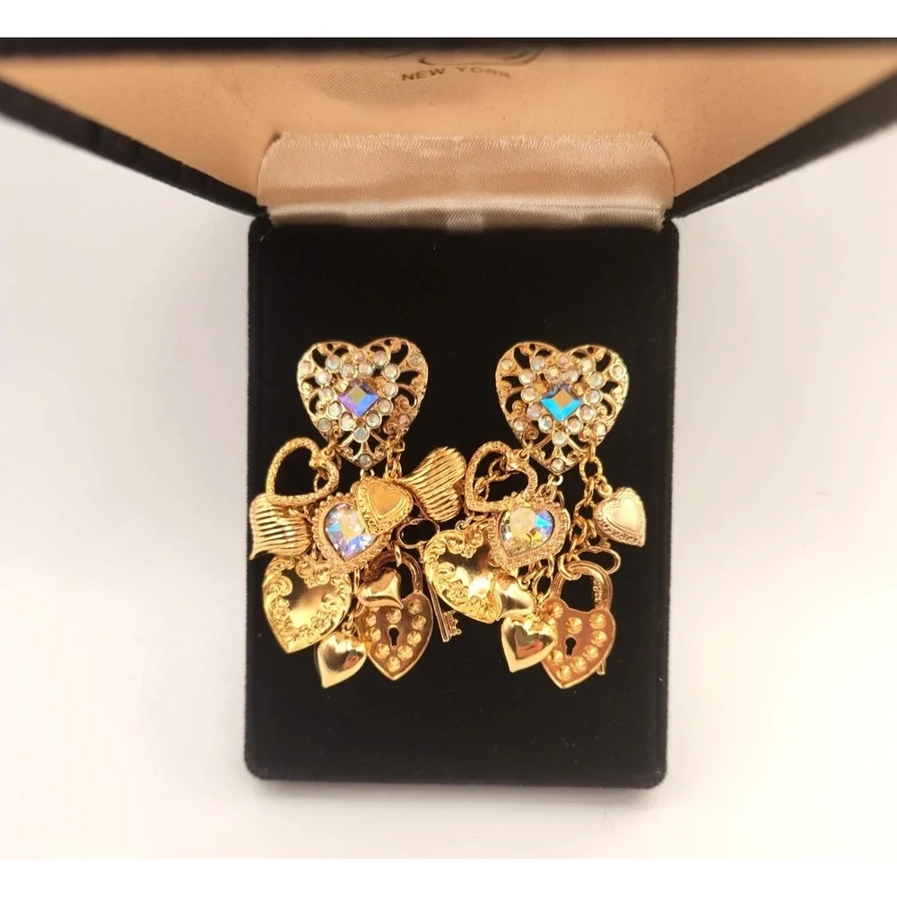 Kirks Folly Swarovski Gold Earrings Dangllng Multi Hearts Clip On New in Box VTG